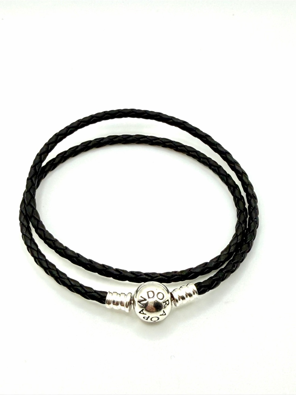 Pandora Black Braided Leather Double Wrap Bracelet Sterling Silver 925 ALE 15.5”